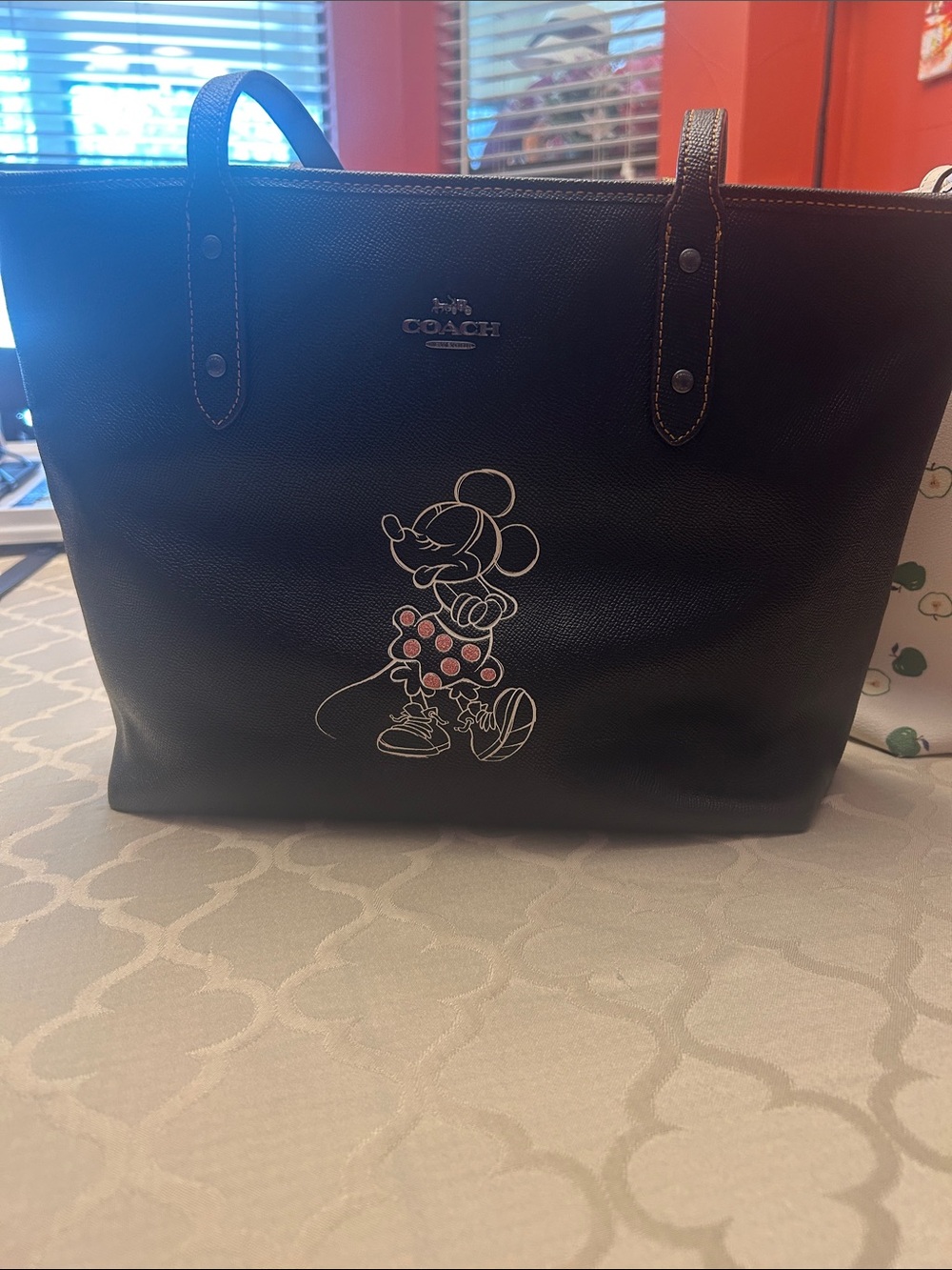 Coach Black Leather Tote with Minnie Mouse Graphic